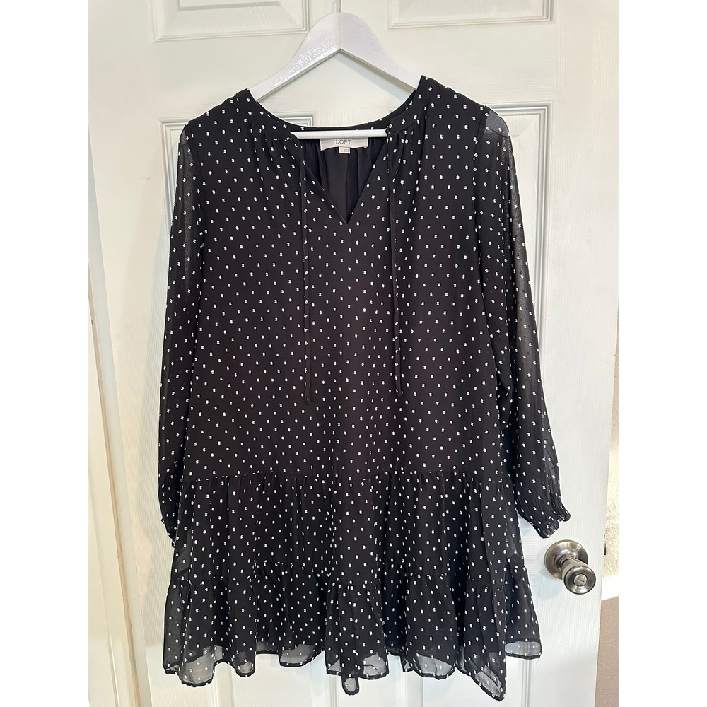 LOFT Black White Polka Dot Long Sleeve Tiered Ruffle Dress Size‎ Small
